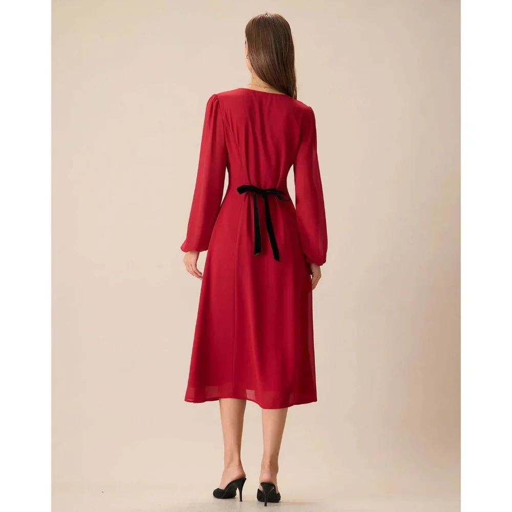 RIHOAS Women's Red V-Neck Puff Sleeve Slit Midi Dress NEW size Medium - Picture 3 of 14